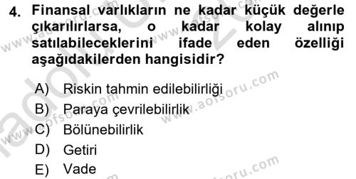 Finansal Yönetim 1 Dersi 2018 - 2019 Yılı 3 Ders Sınavı 4. Soru