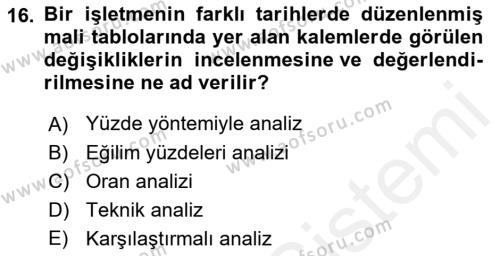 Finansal Yönetim 1 Dersi 2018 - 2019 Yılı (Vize) Ara Sınavı 16. Soru