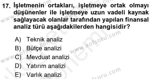 Finansal Yönetim 1 Dersi 2018 - 2019 Yılı (Vize) Ara Sınavı 17. Soru