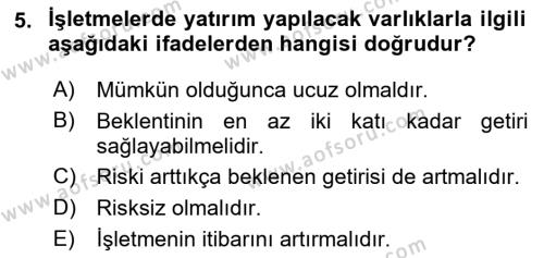 Finansal Yönetim 1 Dersi 2018 - 2019 Yılı (Vize) Ara Sınavı 5. Soru