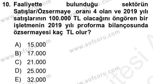 Finansal Yönetim 1 Dersi 2018 - 2019 Yılı (Final) Dönem Sonu Sınavı 10. Soru