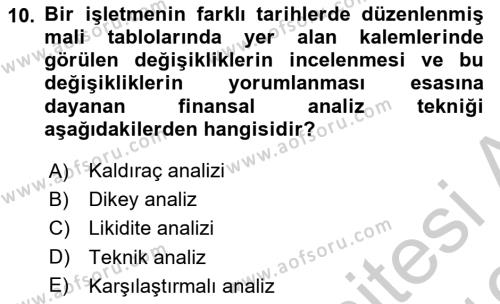 Finansal Yönetim 1 Dersi 2018 - 2019 Yılı Yaz Okulu Sınavı 10. Soru