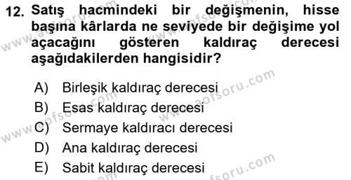 Finansal Yönetim 1 Dersi 2018 - 2019 Yılı Yaz Okulu Sınavı 12. Soru