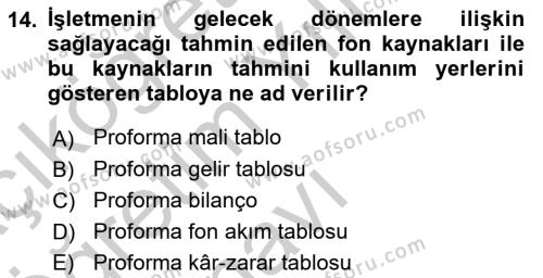 Finansal Yönetim 1 Dersi 2018 - 2019 Yılı Yaz Okulu Sınavı 14. Soru