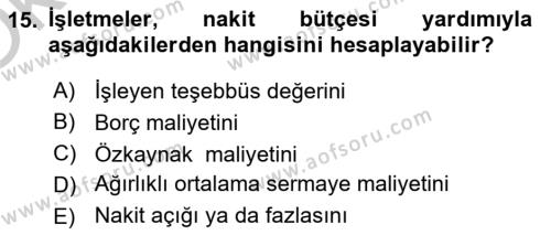 Finansal Yönetim 1 Dersi 2018 - 2019 Yılı Yaz Okulu Sınavı 15. Soru