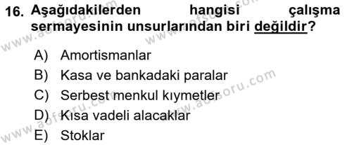 Finansal Yönetim 1 Dersi 2018 - 2019 Yılı Yaz Okulu Sınavı 16. Soru