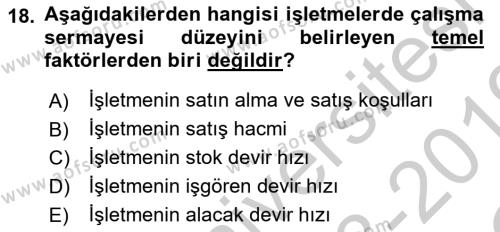 Finansal Yönetim 1 Dersi 2018 - 2019 Yılı Yaz Okulu Sınavı 18. Soru