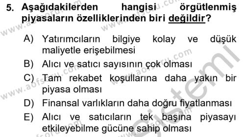 Finansal Yönetim 1 Dersi 2018 - 2019 Yılı Yaz Okulu Sınavı 5. Soru