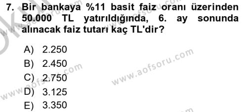 Finansal Yönetim 1 Dersi 2018 - 2019 Yılı Yaz Okulu Sınavı 7. Soru