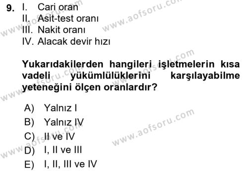 Finansal Yönetim 1 Dersi 2018 - 2019 Yılı Yaz Okulu Sınavı 9. Soru