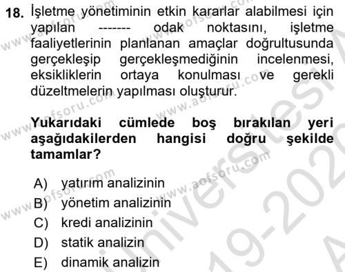 Finansal Yönetim 1 Dersi 2019 - 2020 Yılı (Vize) Ara Sınavı 18. Soru