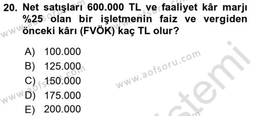 Finansal Yönetim 1 Dersi 2019 - 2020 Yılı (Vize) Ara Sınavı 20. Soru