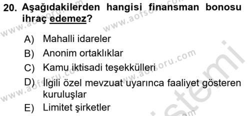 Finansal Yönetim 1 Dersi 2019 - 2020 Yılı (Final) Dönem Sonu Sınavı 20. Soru