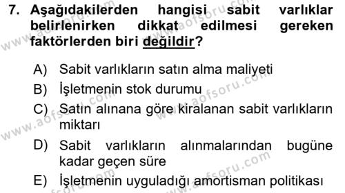 Finansal Yönetim 1 Dersi 2020 - 2021 Yılı Yaz Okulu Sınavı 7. Soru