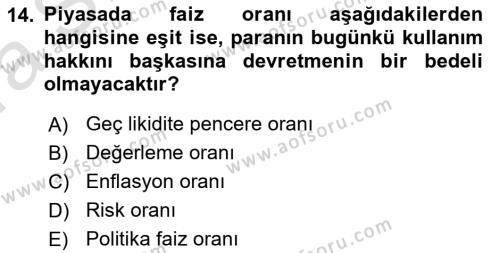 Finansal Yönetim 1 Dersi 2021 - 2022 Yılı (Vize) Ara Sınavı 14. Soru