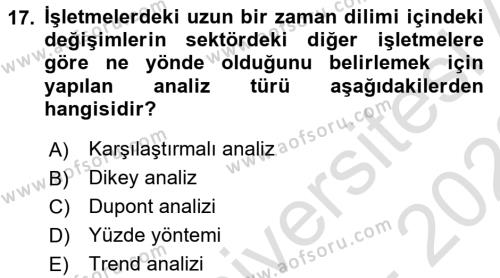 Finansal Yönetim 1 Dersi 2021 - 2022 Yılı (Vize) Ara Sınavı 17. Soru