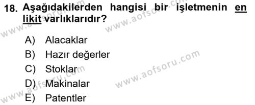 Finansal Yönetim 1 Dersi 2021 - 2022 Yılı (Vize) Ara Sınavı 18. Soru