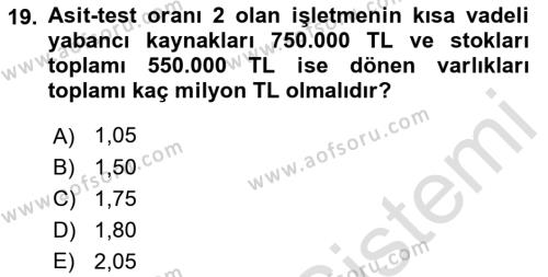 Finansal Yönetim 1 Dersi 2021 - 2022 Yılı (Vize) Ara Sınavı 19. Soru