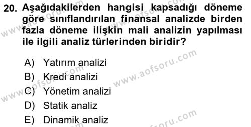 Finansal Yönetim 1 Dersi 2021 - 2022 Yılı (Vize) Ara Sınavı 20. Soru