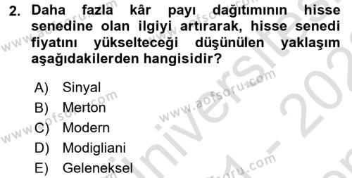 Finansal Yönetim 1 Dersi 2021 - 2022 Yılı (Final) Dönem Sonu Sınavı 2. Soru