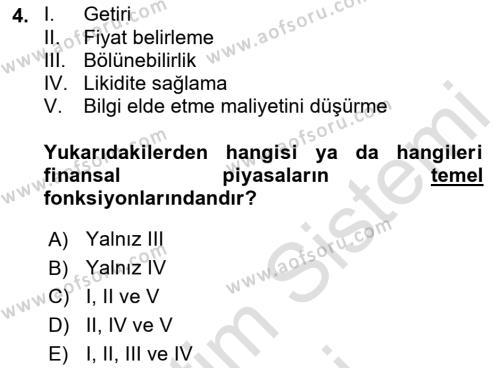 Finansal Yönetim 1 Dersi 2021 - 2022 Yılı (Final) Dönem Sonu Sınavı 4. Soru