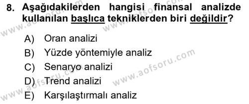 Finansal Yönetim 1 Dersi 2021 - 2022 Yılı (Final) Dönem Sonu Sınavı 8. Soru