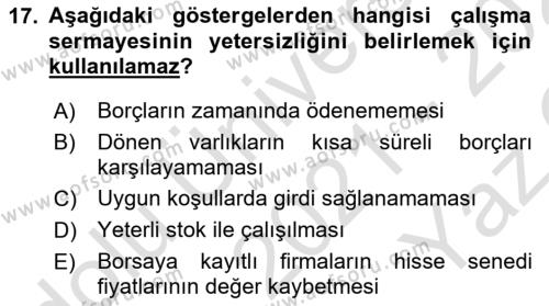 Finansal Yönetim 1 Dersi 2021 - 2022 Yılı Yaz Okulu Sınavı 17. Soru