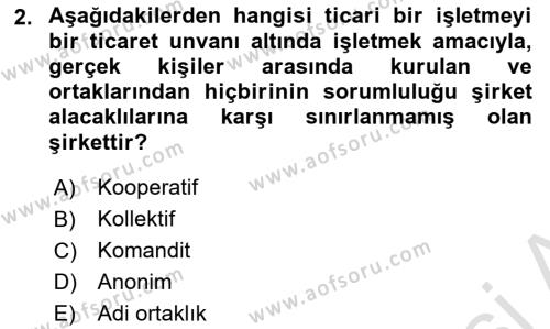 Finansal Yönetim 1 Dersi 2021 - 2022 Yılı Yaz Okulu Sınavı 2. Soru