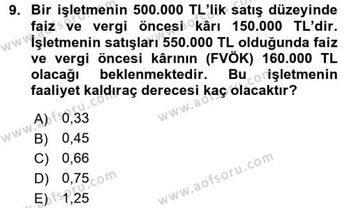 Finansal Yönetim 1 Dersi 2021 - 2022 Yılı Yaz Okulu Sınavı 9. Soru