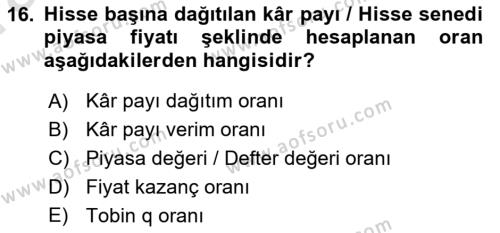 Finansal Yönetim 1 Dersi 2022 - 2023 Yılı (Vize) Ara Sınavı 16. Soru