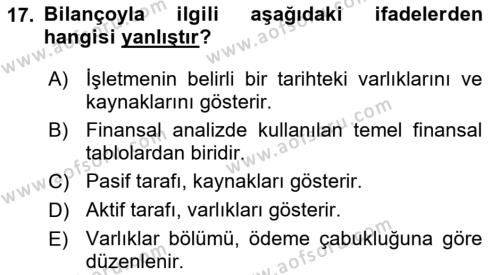 Finansal Yönetim 1 Dersi 2022 - 2023 Yılı (Vize) Ara Sınavı 17. Soru