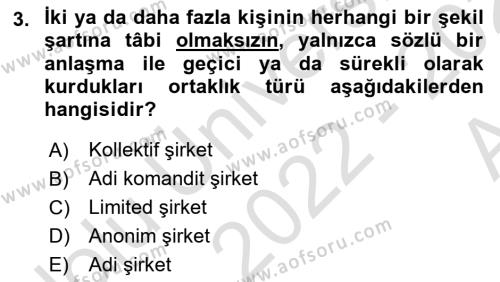 Finansal Yönetim 1 Dersi 2022 - 2023 Yılı (Vize) Ara Sınavı 3. Soru