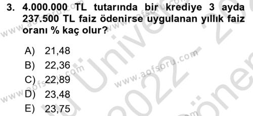 Finansal Yönetim 1 Dersi 2022 - 2023 Yılı (Final) Dönem Sonu Sınavı 3. Soru