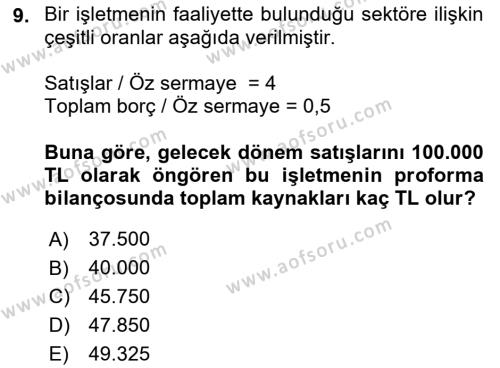 Finansal Yönetim 1 Dersi 2022 - 2023 Yılı (Final) Dönem Sonu Sınavı 9. Soru