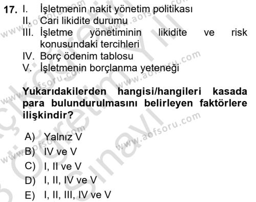 Finansal Yönetim 1 Dersi 2022 - 2023 Yılı Yaz Okulu Sınavı 17. Soru