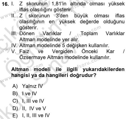 Finansal Yönetim 2 Dersi 2020 - 2021 Yılı Yaz Okulu Sınavı 16. Soru