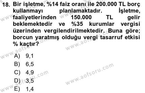 Finansal Yönetim 2 Dersi 2021 - 2022 Yılı (Vize) Ara Sınavı 18. Soru