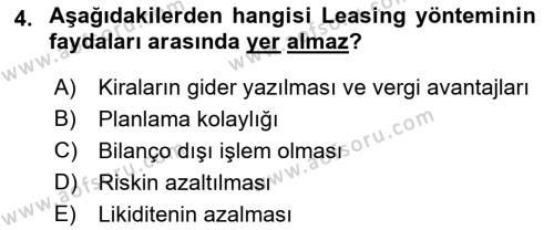 Finansal Yönetim 2 Dersi 2021 - 2022 Yılı (Vize) Ara Sınavı 4. Soru