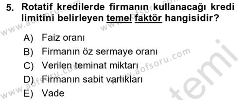 Finansal Yönetim 2 Dersi 2021 - 2022 Yılı (Vize) Ara Sınavı 5. Soru