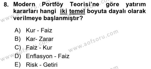 Finansal Yönetim 2 Dersi 2021 - 2022 Yılı (Vize) Ara Sınavı 8. Soru