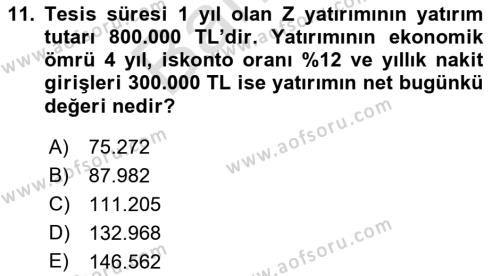 Finansal Yönetim 2 Dersi 2021 - 2022 Yılı (Final) Dönem Sonu Sınavı 11. Soru