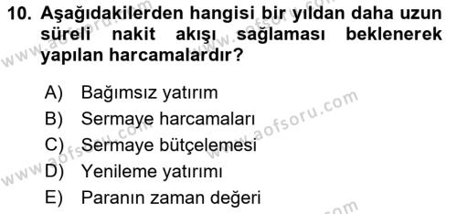 Finansal Yönetim 2 Dersi 2022 - 2023 Yılı Yaz Okulu Sınavı 10. Soru