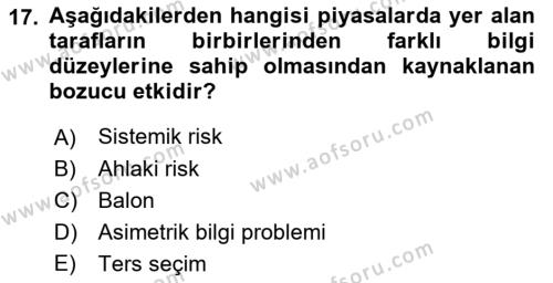 Finansal Yönetim 2 Dersi 2022 - 2023 Yılı Yaz Okulu Sınavı 17. Soru