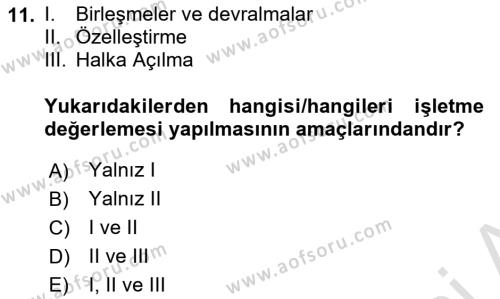 Finansal Yönetim 2 Dersi 2023 - 2024 Yılı (Vize) Ara Sınavı 11. Soru