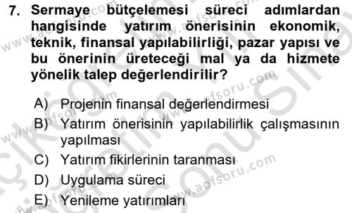 Finansal Yönetim 2 Dersi 2023 - 2024 Yılı (Final) Dönem Sonu Sınavı 7. Soru