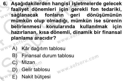 Spor Finansmanı Dersi 2023 - 2024 Yılı (Final) Dönem Sonu Sınavı 6. Soru