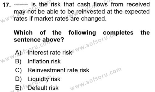 Business Finance 1 Dersi 2018 - 2019 Yılı (Final) Dönem Sonu Sınavı 17. Soru