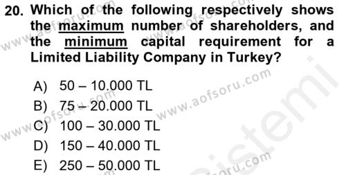 Business Finance 1 Dersi 2018 - 2019 Yılı (Final) Dönem Sonu Sınavı 20. Soru