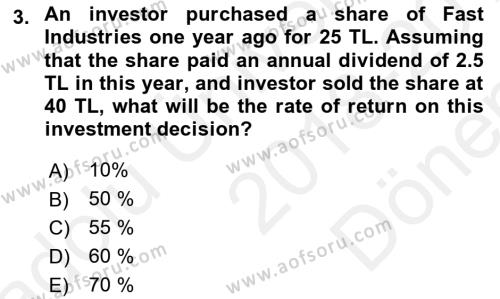 Business Finance 1 Dersi 2018 - 2019 Yılı (Final) Dönem Sonu Sınavı 3. Soru