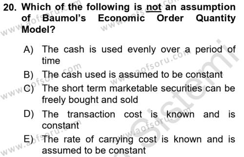 Business Finance 1 Dersi 2021 - 2022 Yılı (Final) Dönem Sonu Sınavı 20. Soru